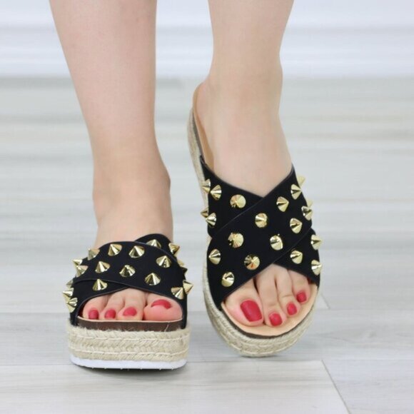 Black Platform Espadrille Sandals Crossover Gold Metal Stud Slip On Sliders - Picture 3 of 15